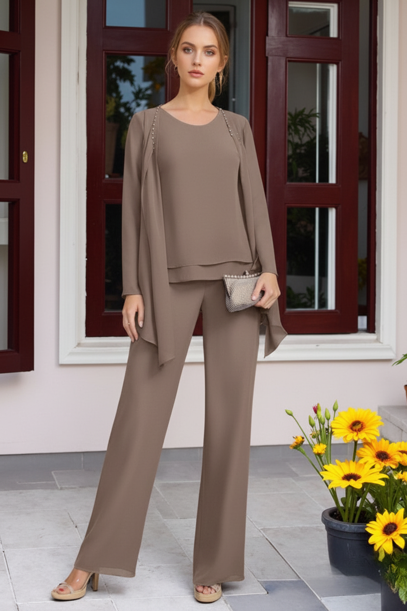 Chiffon 3 Pieces Floor-Length Mother of the Bride Pantsuits with Jacket & Beadings