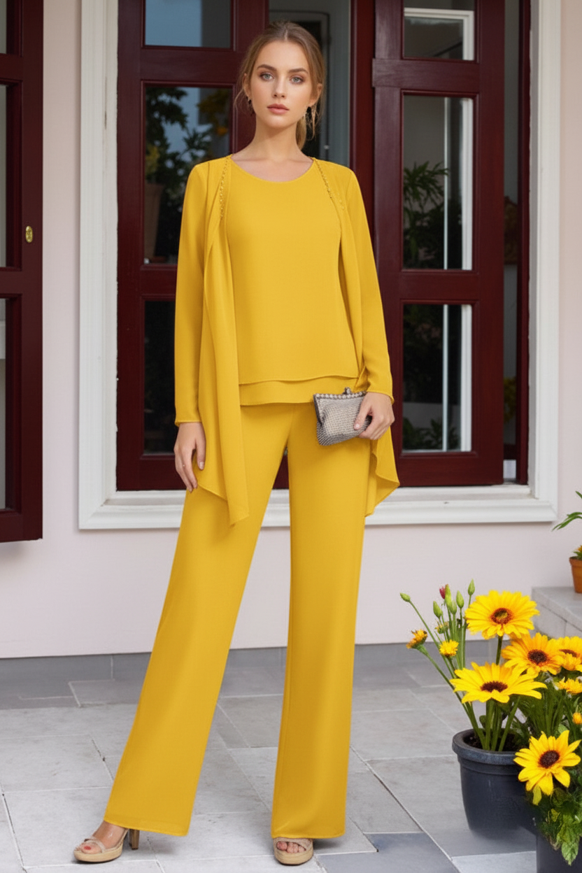 Chiffon 3 Pieces Floor-Length Mother of the Bride Pantsuits with Jacket & Beadings