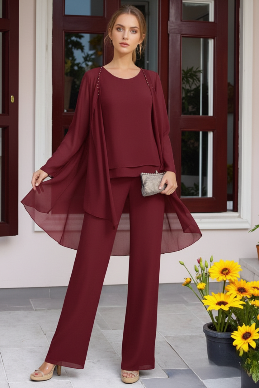 Chiffon 3 Pieces Floor-Length Mother of the Bride Pantsuits with Jacket & Beadings