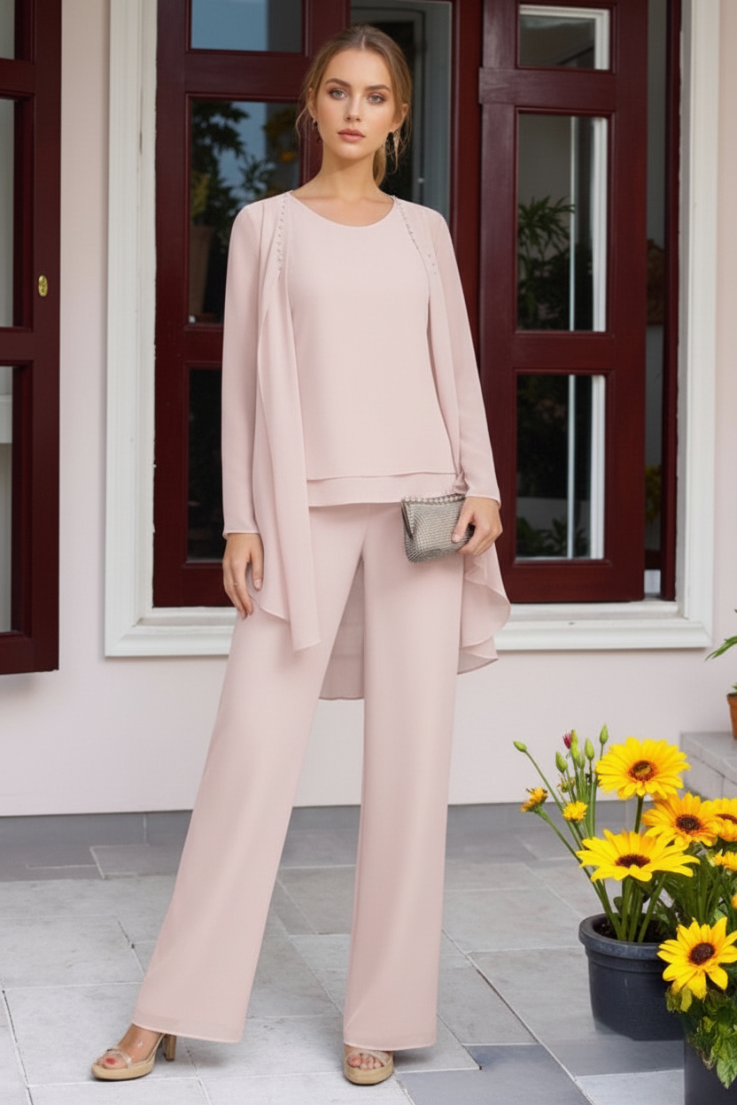 Chiffon 3 Pieces Floor-Length Mother of the Bride Pantsuits with Jacket & Beadings