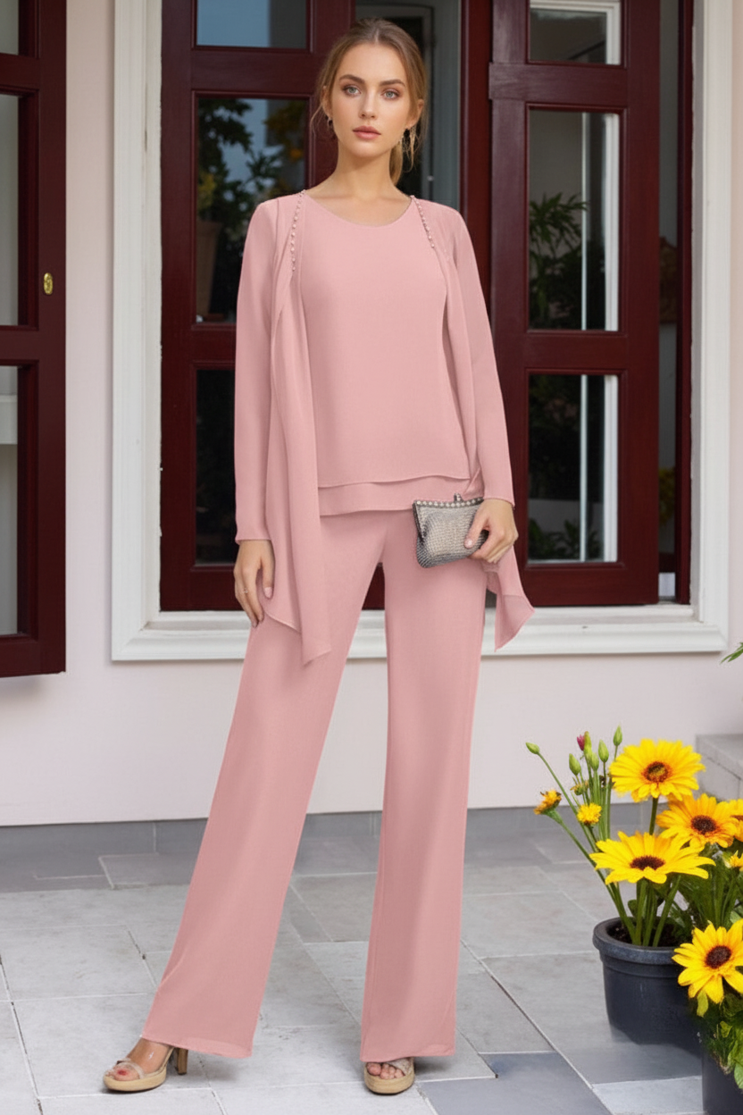 Chiffon 3 Pieces Floor-Length Mother of the Bride Pantsuits with Jacket & Beadings