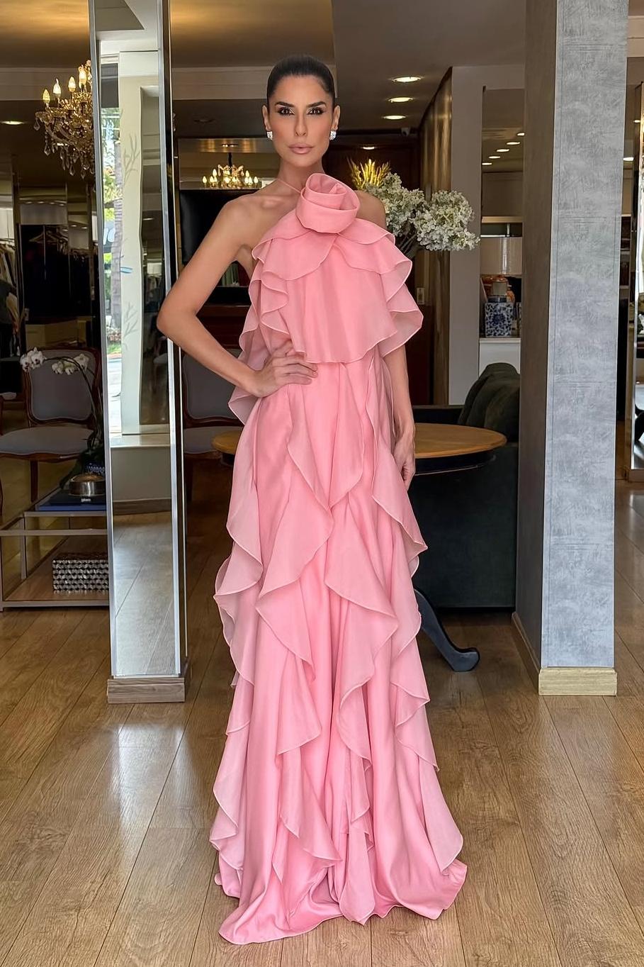 Chiffon Halter Sleeveless Backless Long Formal Dress With Pleated