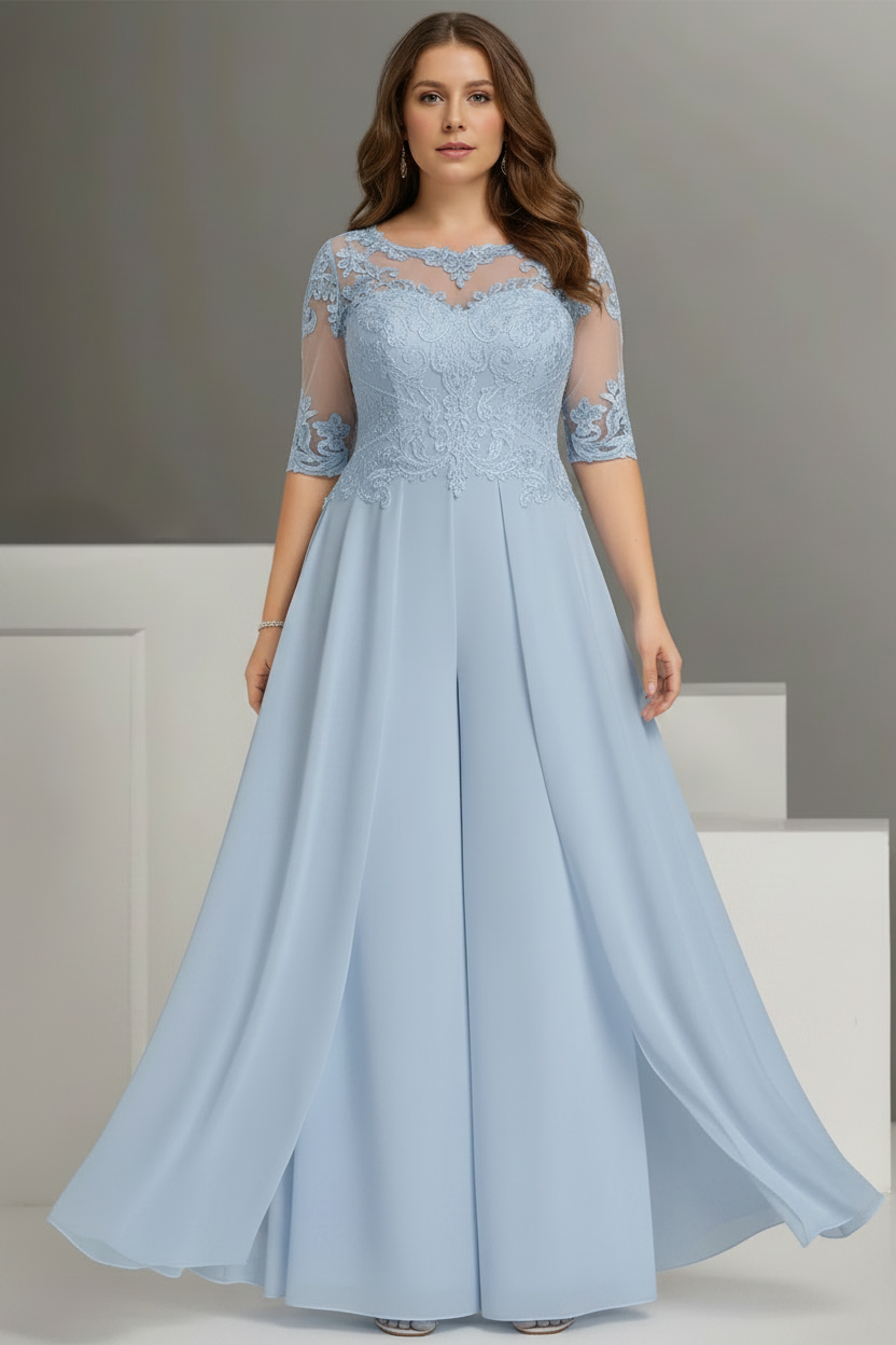 Chiffon Jewel Neck Half Sleeves Ankle-Length Plus Size Mother of the Bride Pantsuits with Lace