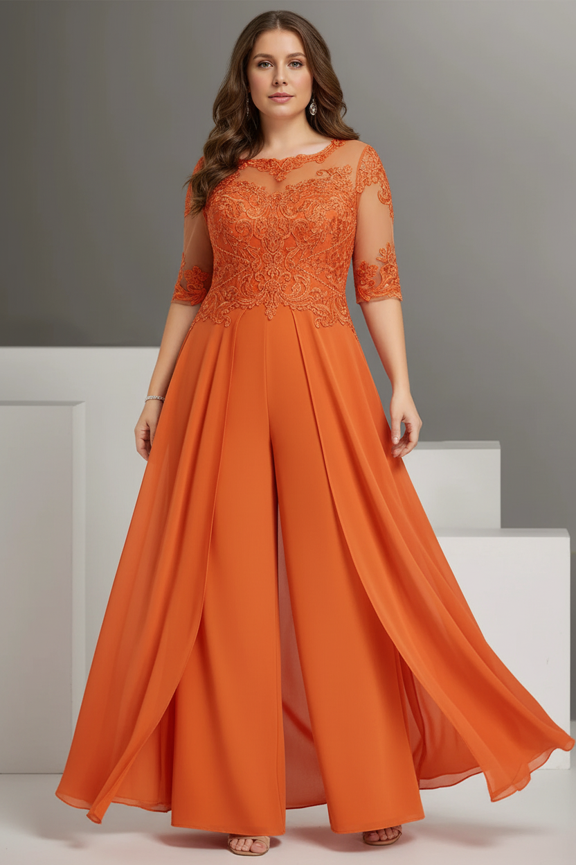Chiffon Jewel Neck Half Sleeves Ankle-Length Plus Size Mother of the Bride Pantsuits with Lace