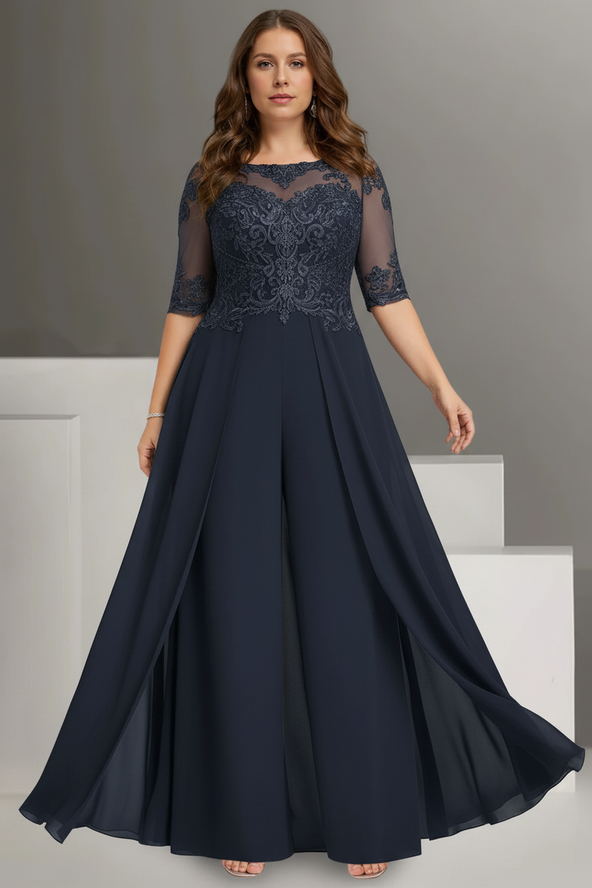 Chiffon Jewel Neck Half Sleeves Ankle-Length Plus Size Mother of the Bride Pantsuits with Lace