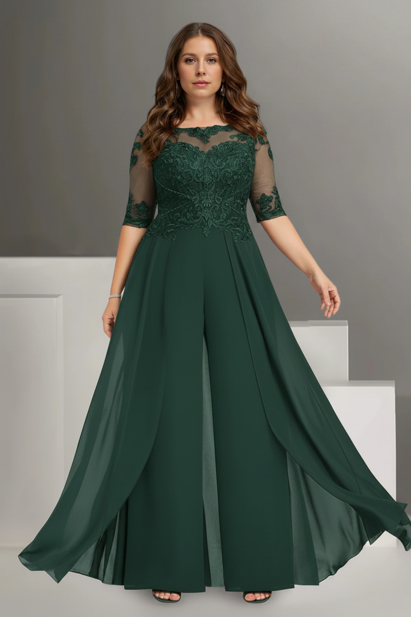 Chiffon Jewel Neck Half Sleeves Ankle-Length Plus Size Mother of the Bride Pantsuits with Lace