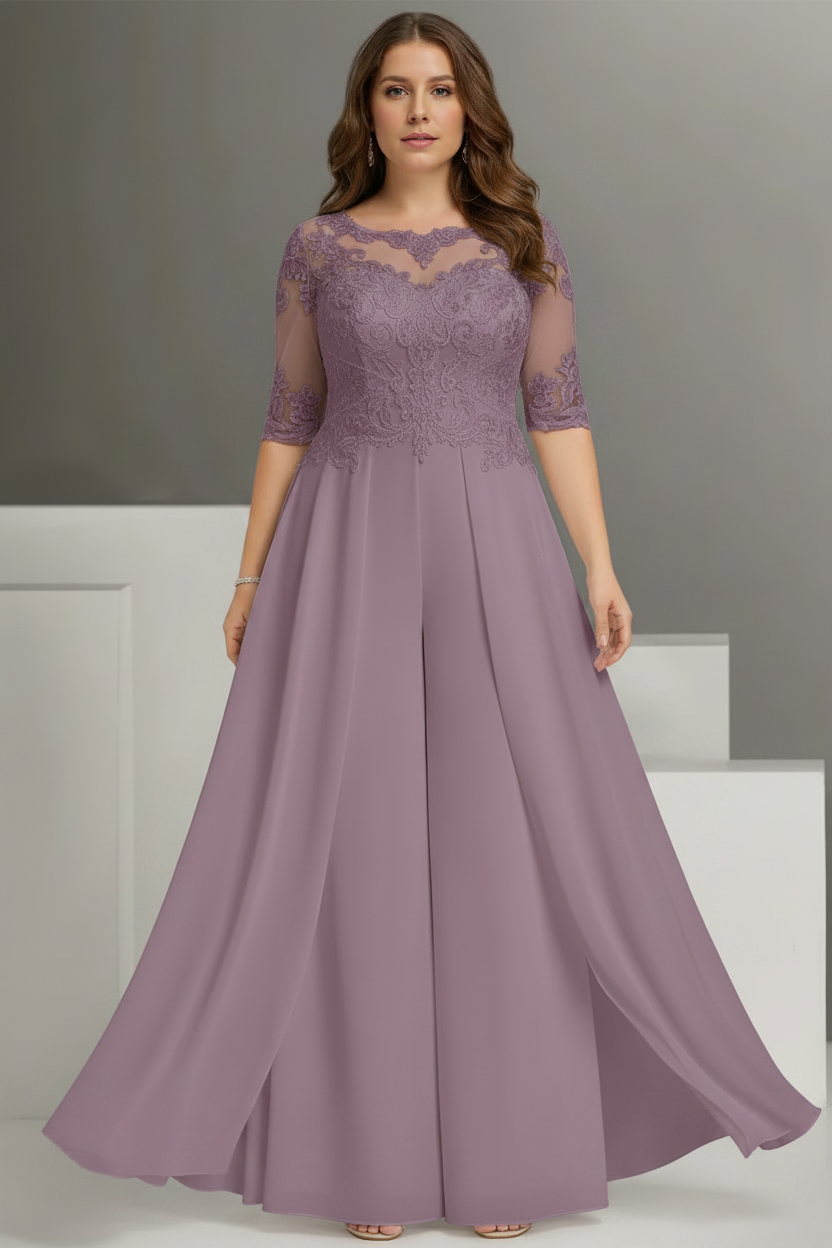 Chiffon Jewel Neck Half Sleeves Ankle-Length Plus Size Mother of the Bride Pantsuits with Lace