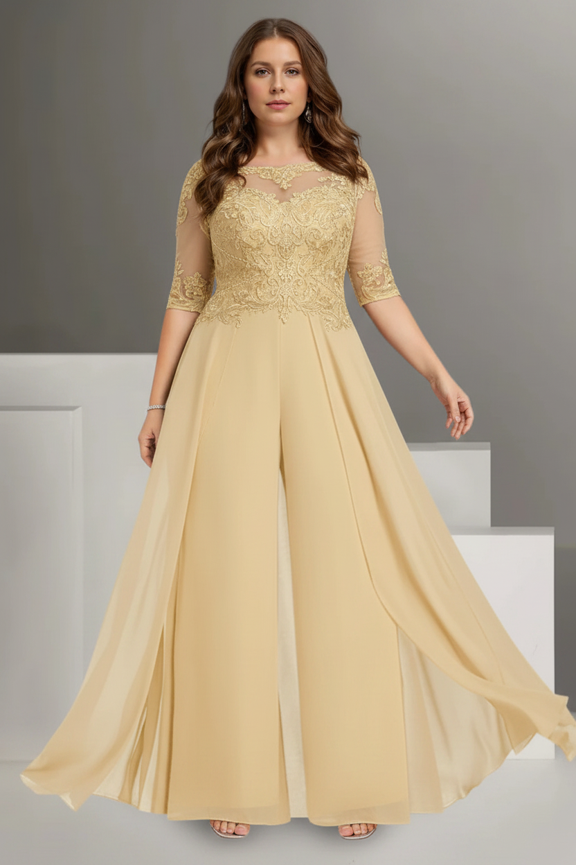 Chiffon Jewel Neck Half Sleeves Ankle-Length Plus Size Mother of the Bride Pantsuits with Lace