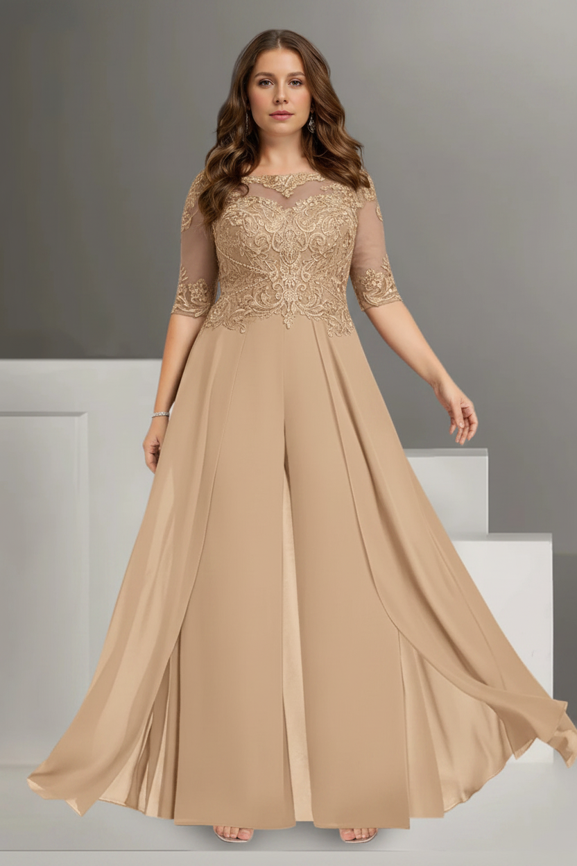 Chiffon Jewel Neck Half Sleeves Ankle-Length Plus Size Mother of the Bride Pantsuits with Lace