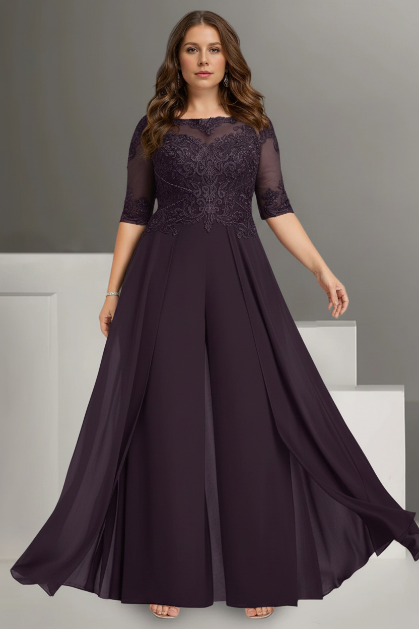 Chiffon Jewel Neck Half Sleeves Ankle-Length Plus Size Mother of the Bride Pantsuits with Lace