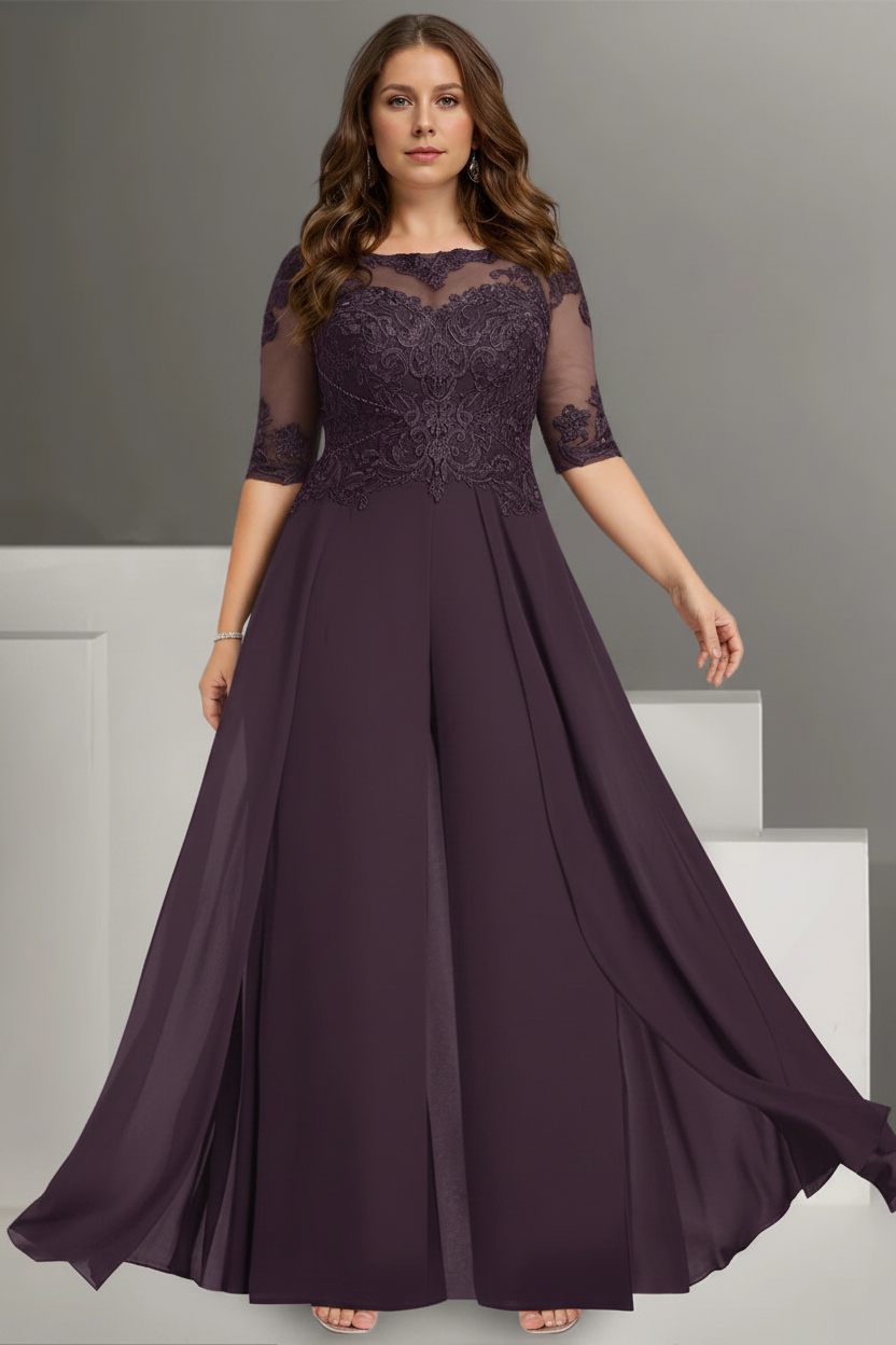 Chiffon Jewel Neck Half Sleeves Ankle-Length Plus Size Mother of the Bride Pantsuits with Lace