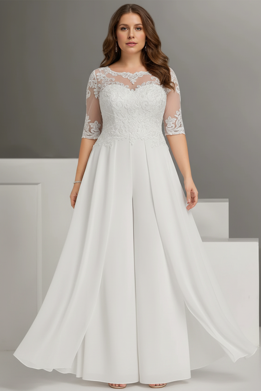 Chiffon Jewel Neck Half Sleeves Ankle-Length Plus Size Mother of the Bride Pantsuits with Lace