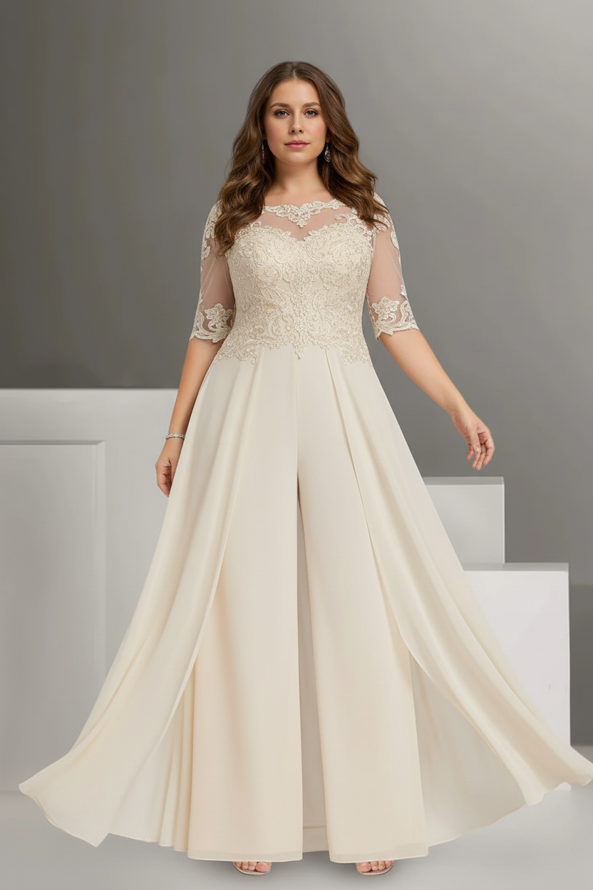 Chiffon Jewel Neck Half Sleeves Ankle-Length Plus Size Mother of the Bride Pantsuits with Lace