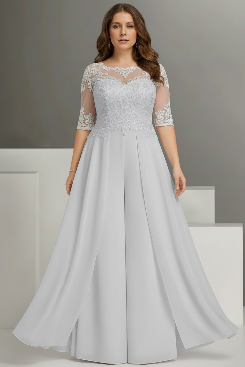 Chiffon Jewel Neck Half Sleeves Ankle-Length Plus Size Mother of the Bride Pantsuits with Lace