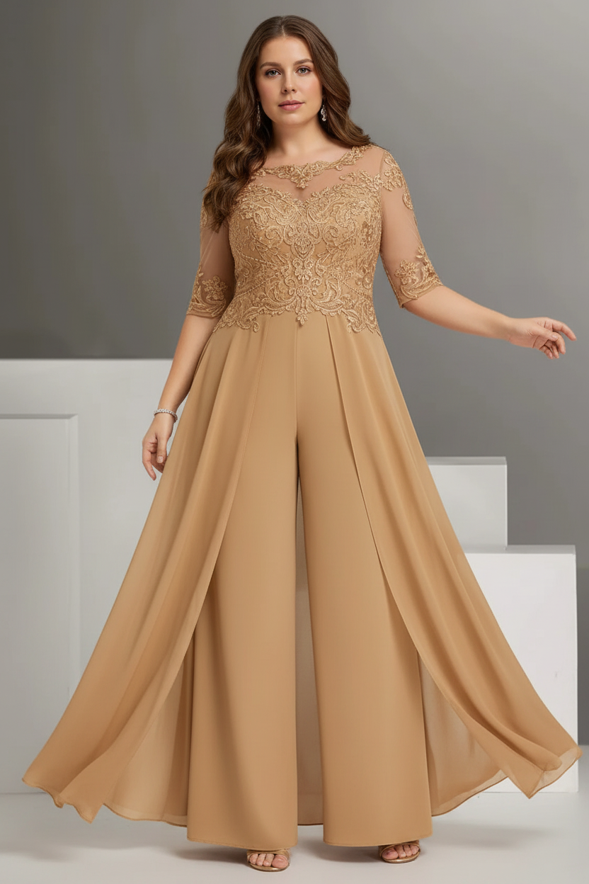 Chiffon Jewel Neck Half Sleeves Ankle-Length Plus Size Mother of the Bride Pantsuits with Lace