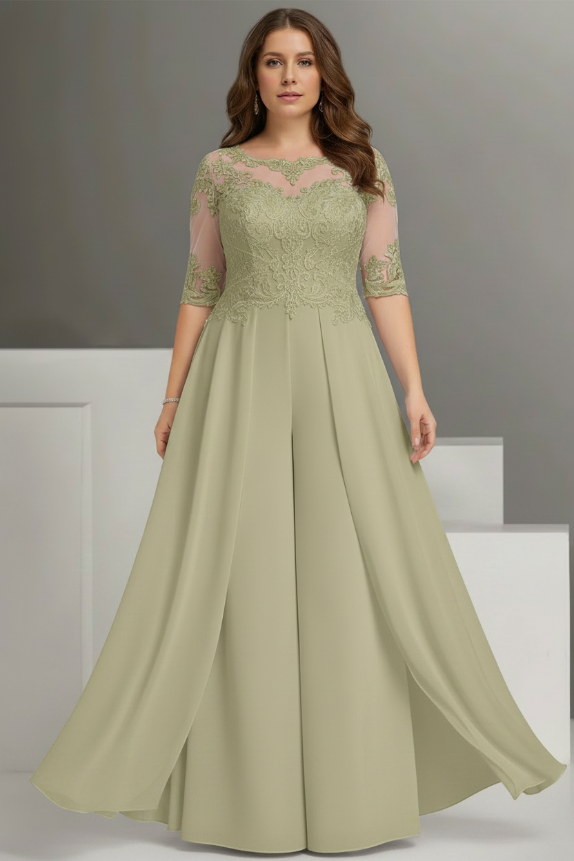 Chiffon Jewel Neck Half Sleeves Ankle-Length Plus Size Mother of the Bride Pantsuits with Lace