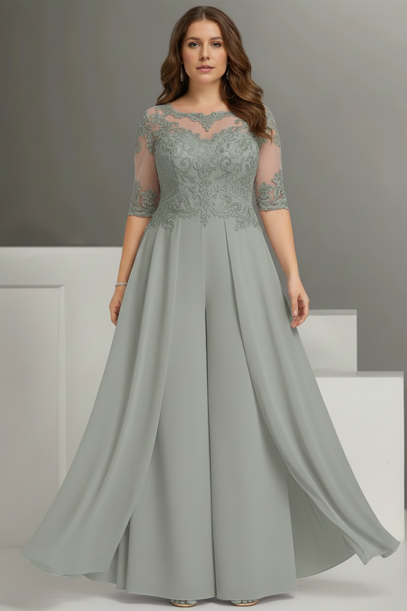 Chiffon Jewel Neck Half Sleeves Ankle-Length Plus Size Mother of the Bride Pantsuits with Lace