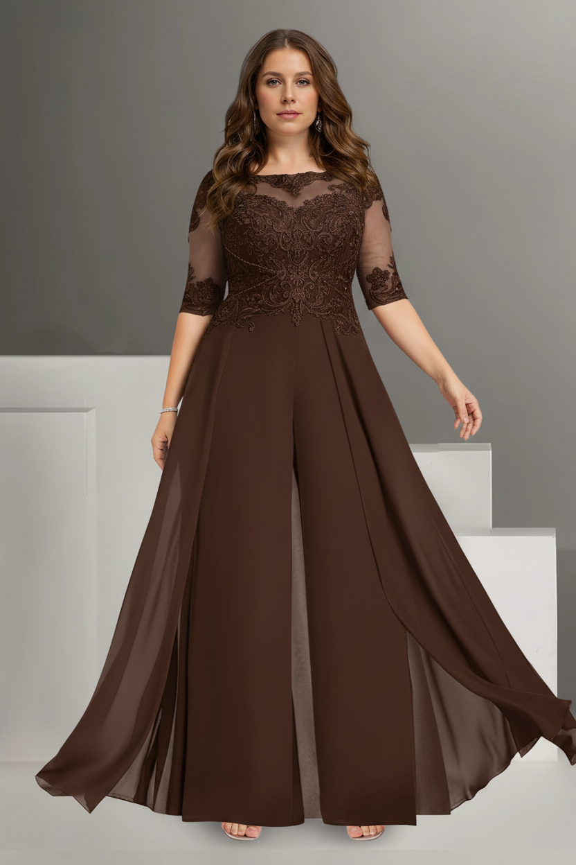 Chiffon Jewel Neck Half Sleeves Ankle-Length Plus Size Mother of the Bride Pantsuits with Lace