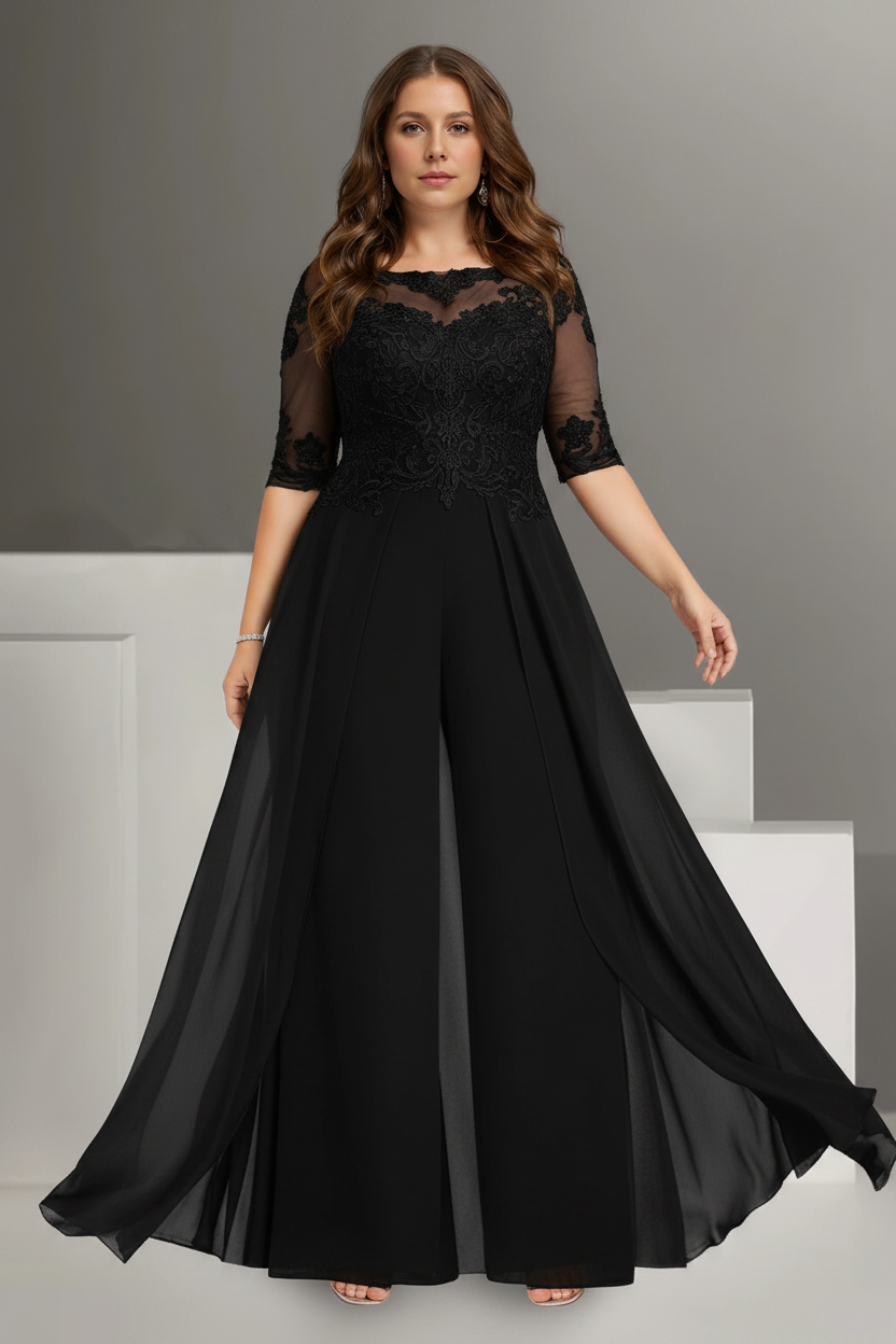 Chiffon Jewel Neck Half Sleeves Ankle-Length Plus Size Mother of the Bride Pantsuits with Lace