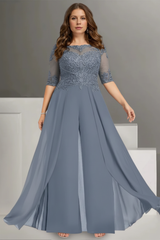 Chiffon Jewel Neck Half Sleeves Ankle-Length Plus Size Mother of the Bride Pantsuits with Lace