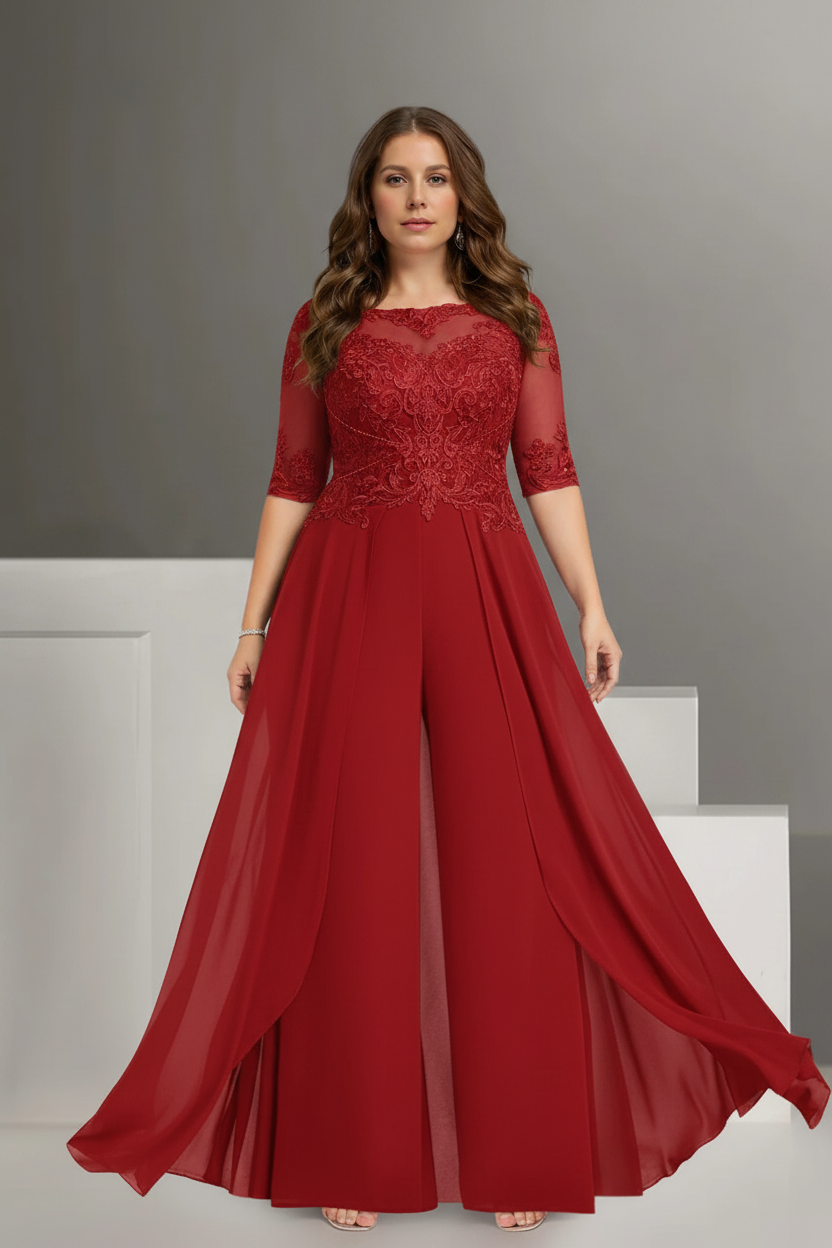 Chiffon Jewel Neck Half Sleeves Ankle-Length Plus Size Mother of the Bride Pantsuits with Lace
