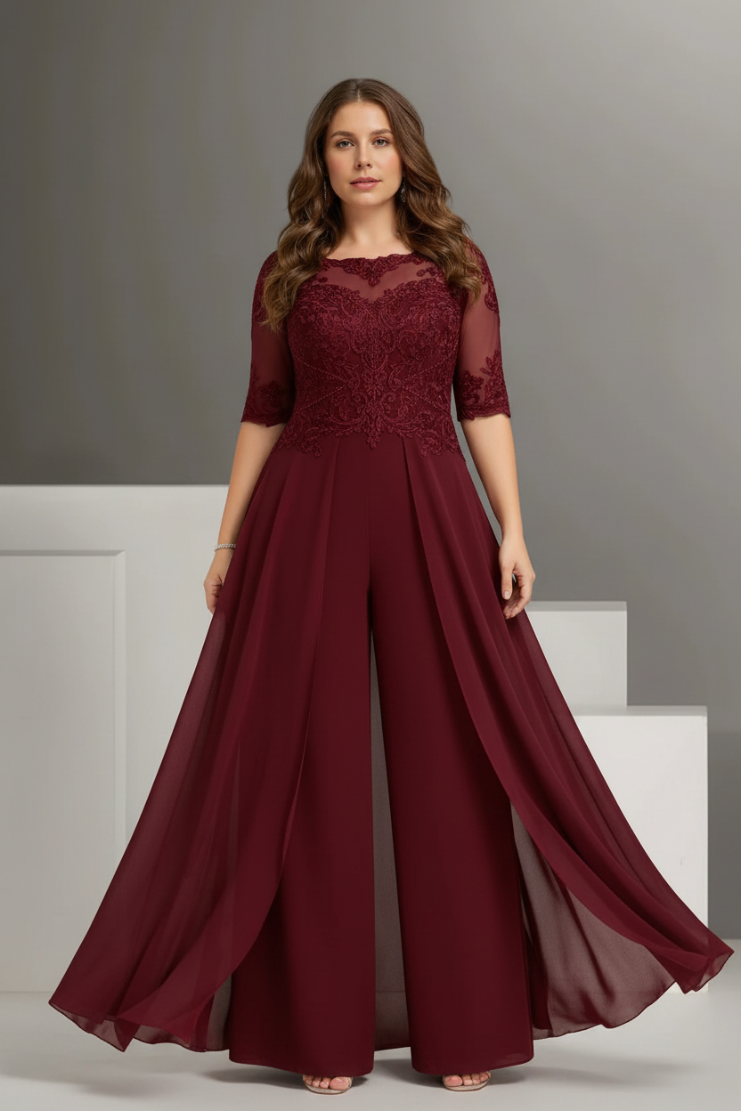 Chiffon Jewel Neck Half Sleeves Ankle-Length Plus Size Mother of the Bride Pantsuits with Lace