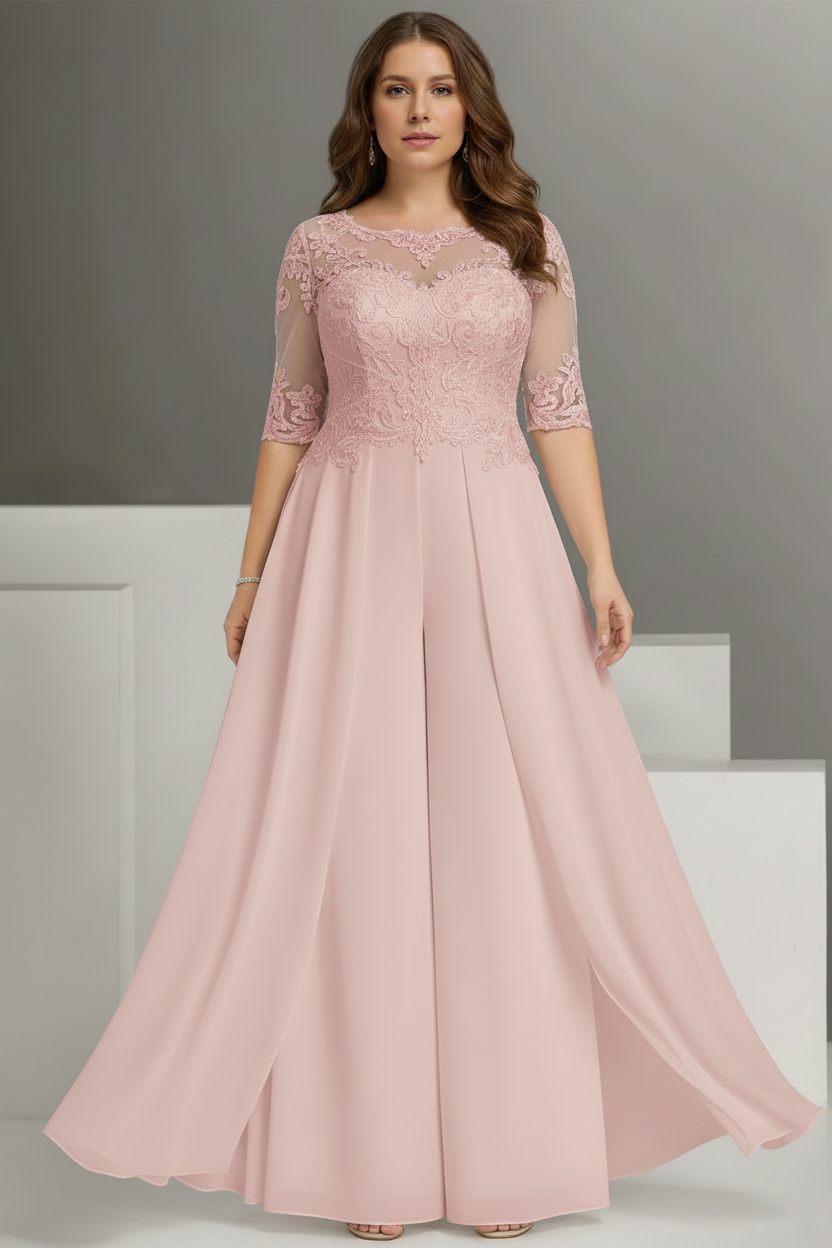 Chiffon Jewel Neck Half Sleeves Ankle-Length Plus Size Mother of the Bride Pantsuits with Lace