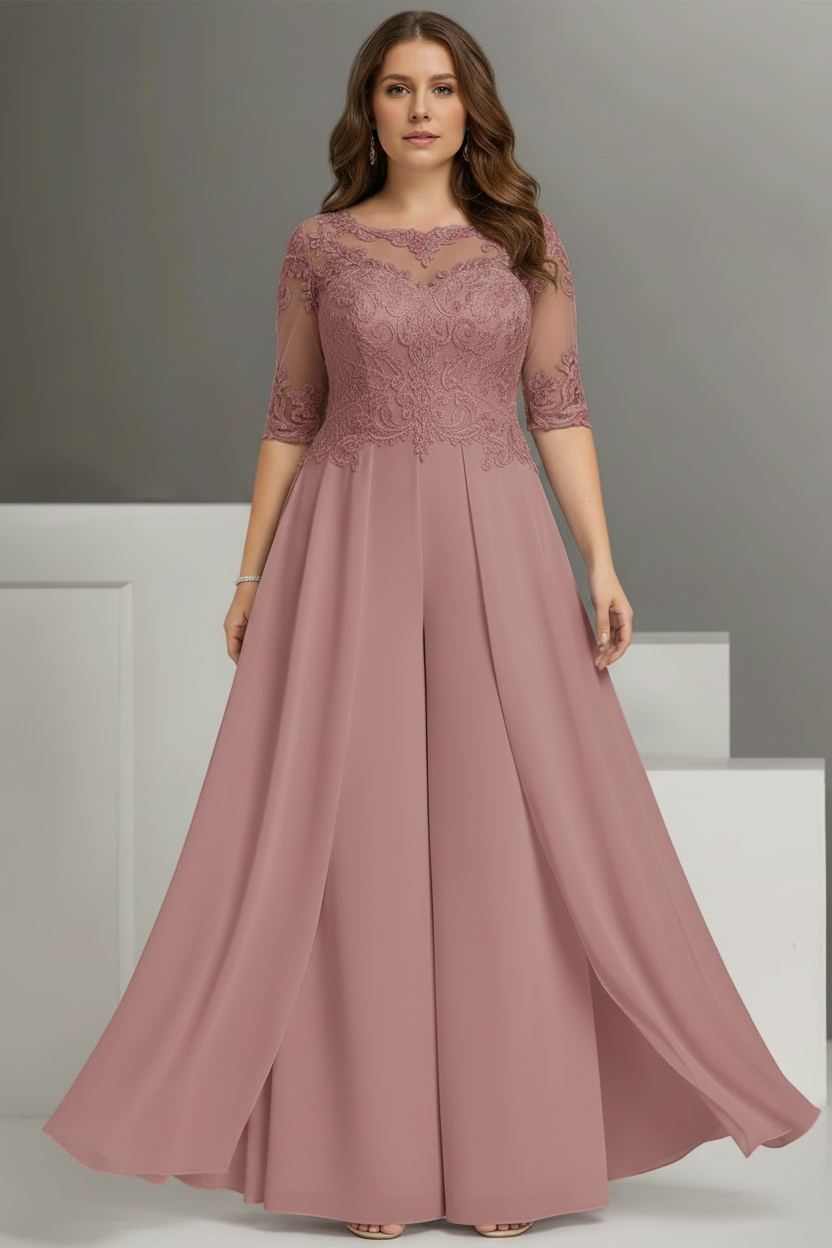 Chiffon Jewel Neck Half Sleeves Ankle-Length Plus Size Mother of the Bride Pantsuits with Lace
