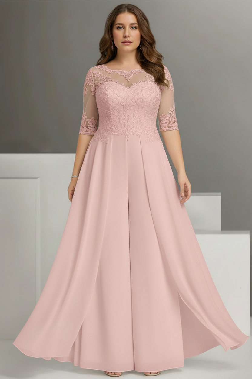 Chiffon Jewel Neck Half Sleeves Ankle-Length Plus Size Mother of the Bride Pantsuits with Lace