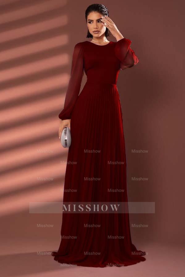 Chiffon Jewel Neck Long Sleeves Long Formal Dress With Pleated