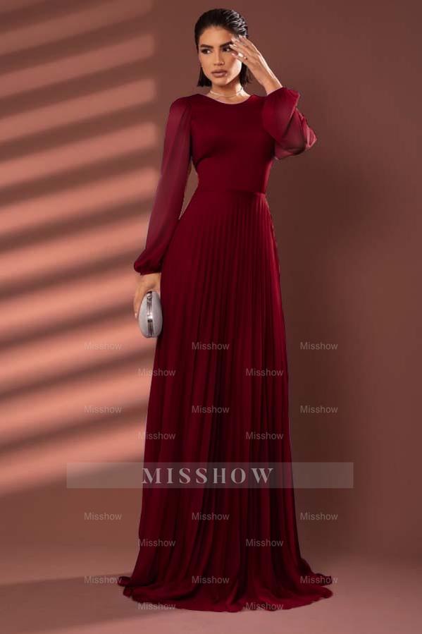 Chiffon Jewel Neck Long Sleeves Long Formal Dress With Pleated