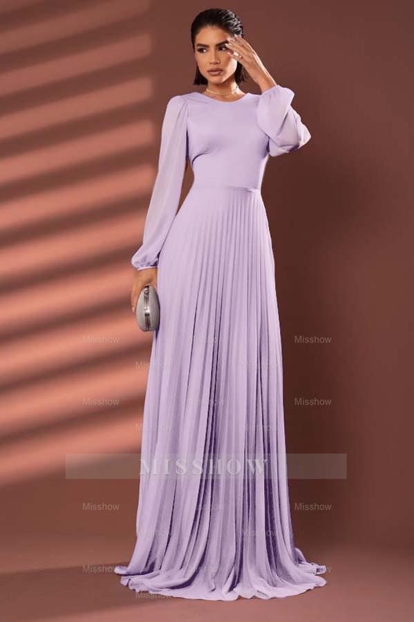 Chiffon Jewel Neck Long Sleeves Long Formal Dress With Pleated
