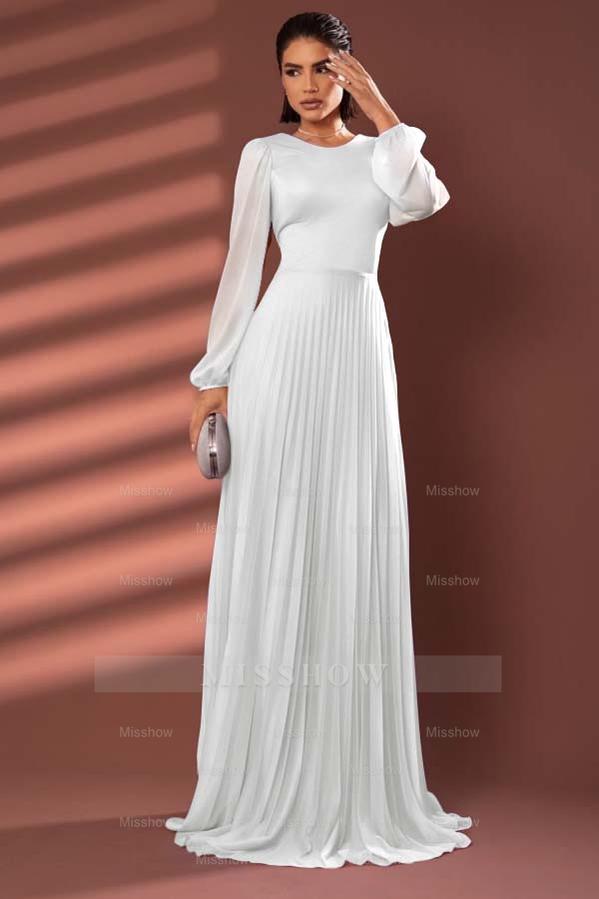 Chiffon Jewel Neck Long Sleeves Long Formal Dress With Pleated