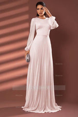 Chiffon Jewel Neck Long Sleeves Long Formal Dress With Pleated