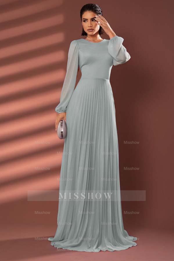 Chiffon Jewel Neck Long Sleeves Long Formal Dress With Pleated