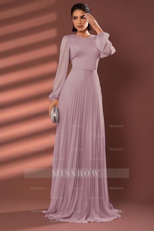 Chiffon Jewel Neck Long Sleeves Long Formal Dress With Pleated