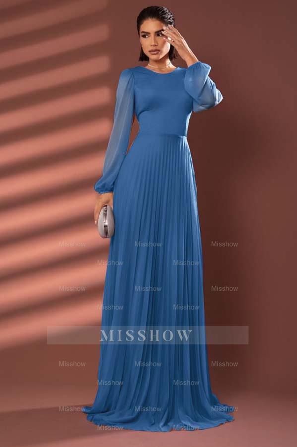 Chiffon Jewel Neck Long Sleeves Long Formal Dress With Pleated