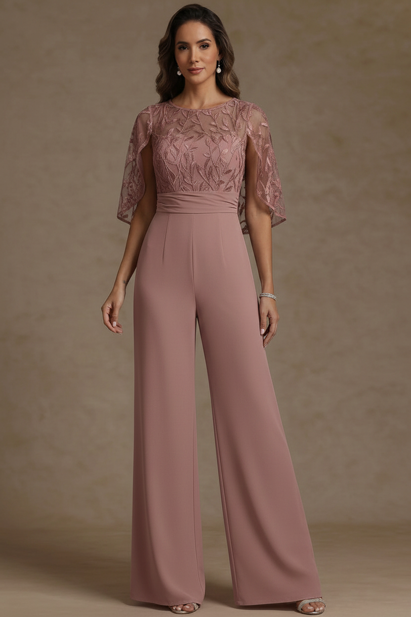 Chiffon Mother of the Bride Jumpsuits Scoop Lace Floor-Length Cape Sleeves