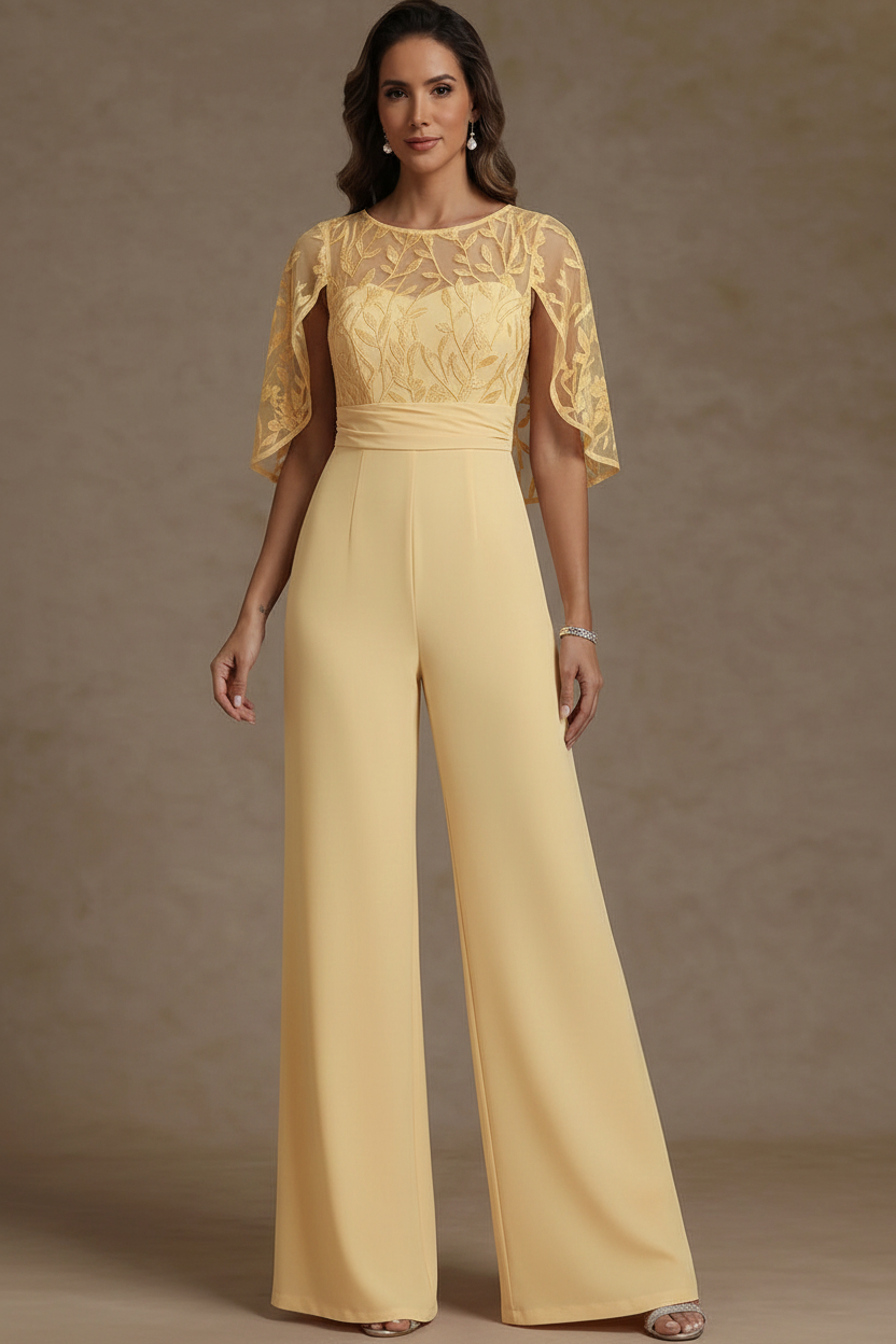Chiffon Mother of the Bride Jumpsuits Scoop Lace Floor-Length Cape Sleeves