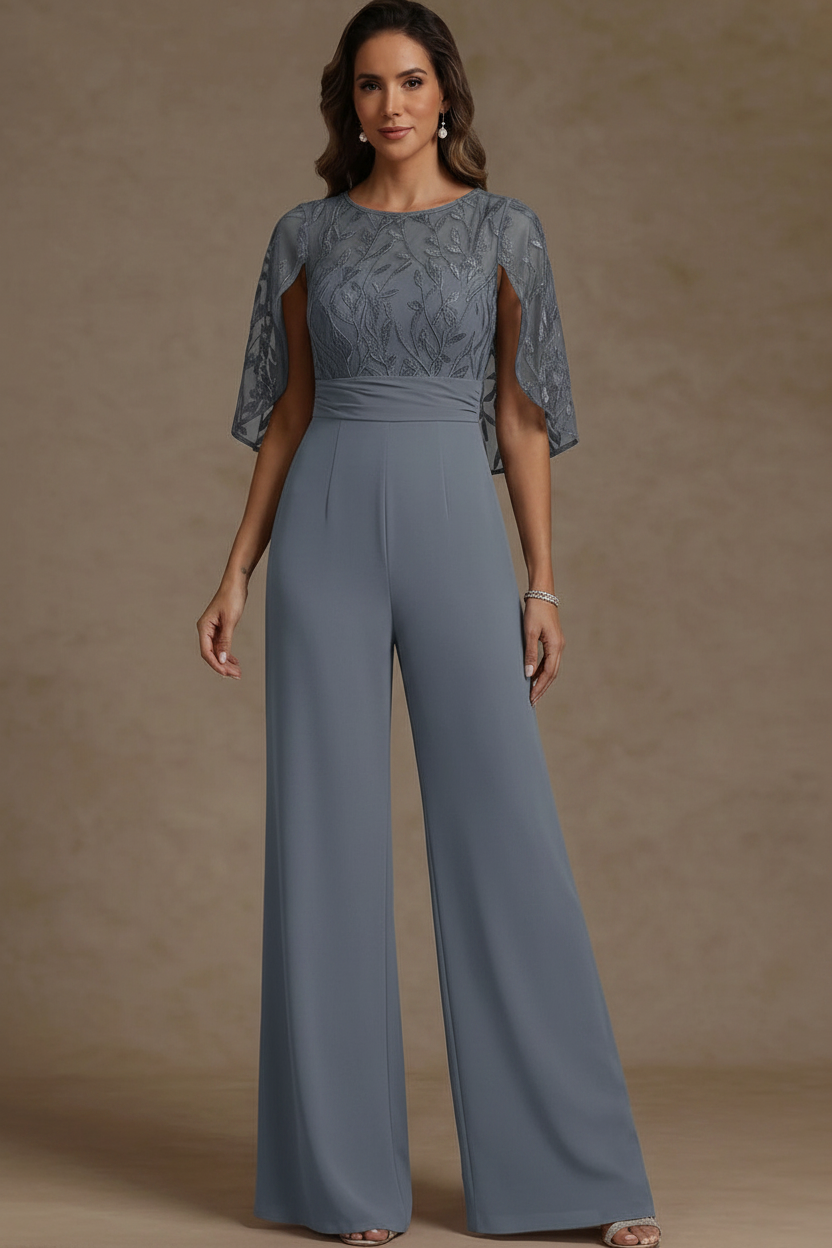 Chiffon Mother of the Bride Jumpsuits Scoop Lace Floor-Length Cape Sleeves