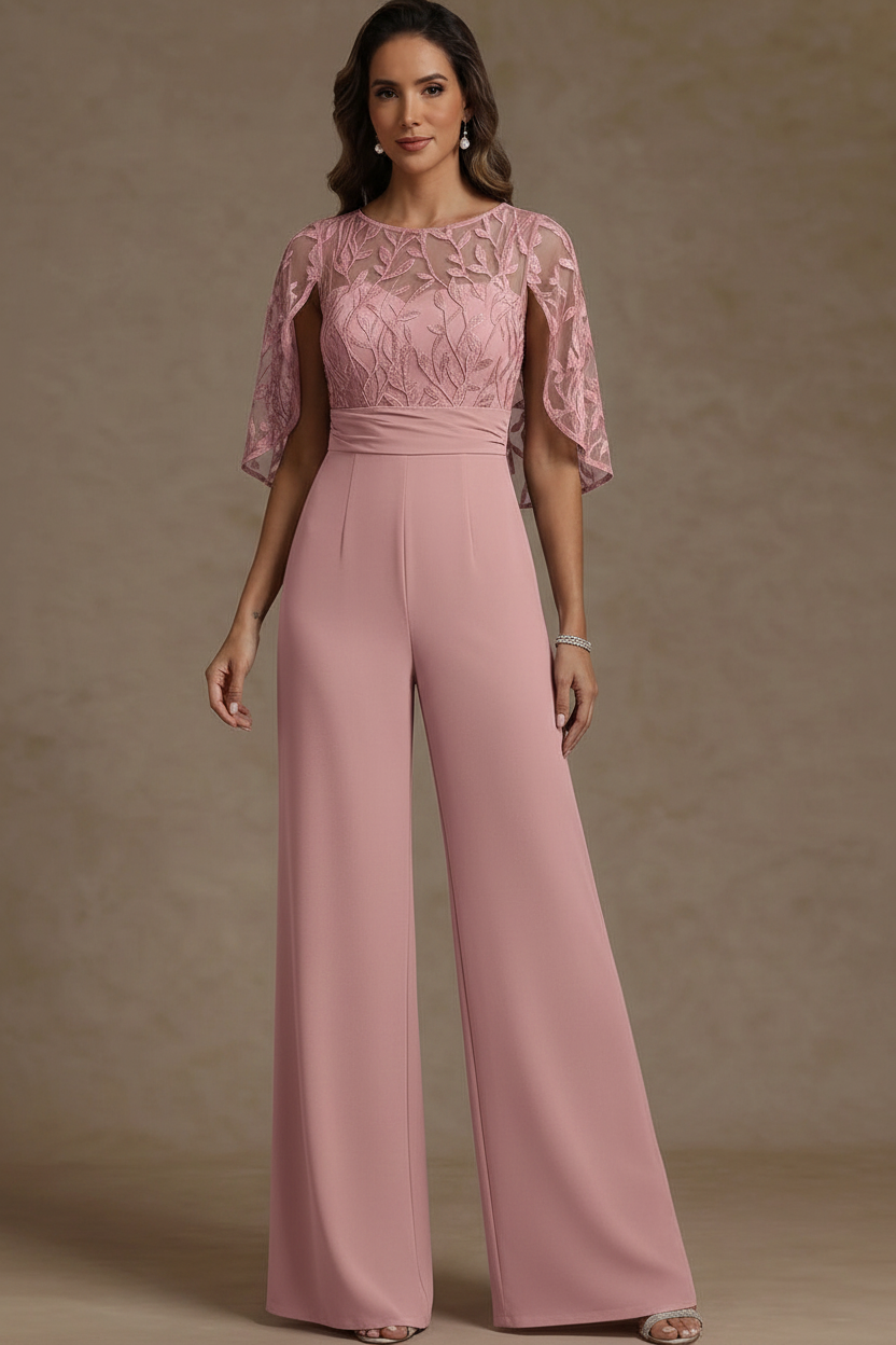 Chiffon Mother of the Bride Jumpsuits Scoop Lace Floor-Length Cape Sleeves