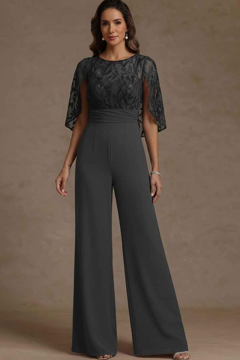 Chiffon Mother of the Bride Jumpsuits Scoop Lace Floor-Length Cape Sleeves