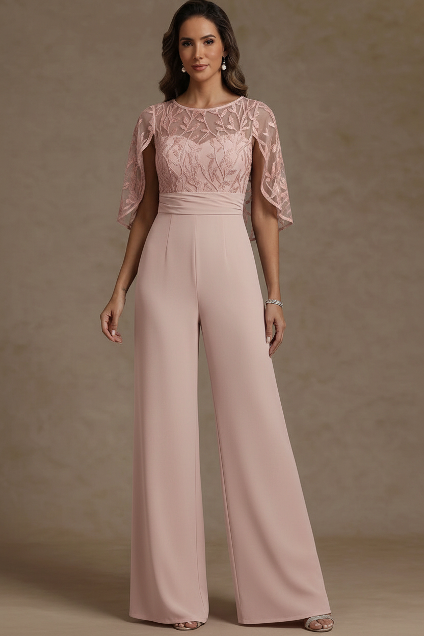 Chiffon Mother of the Bride Jumpsuits Scoop Lace Floor-Length Cape Sleeves