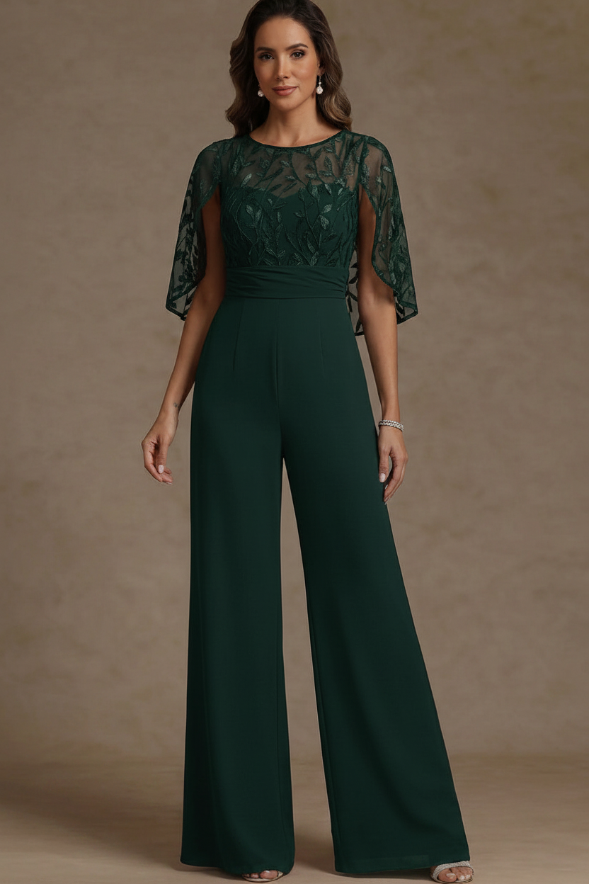 Chiffon Mother of the Bride Jumpsuits Scoop Lace Floor-Length Cape Sleeves