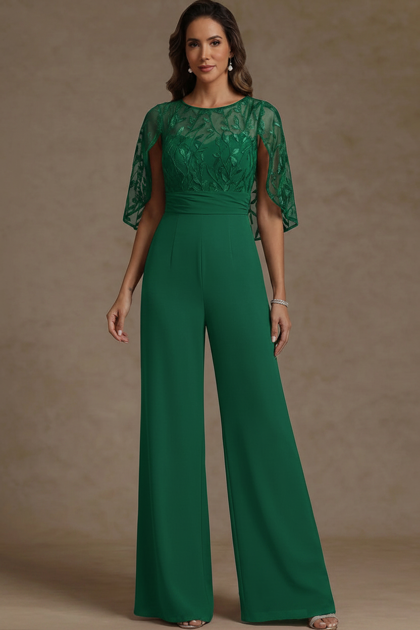Chiffon Mother of the Bride Jumpsuits Scoop Lace Floor-Length Cape Sleeves