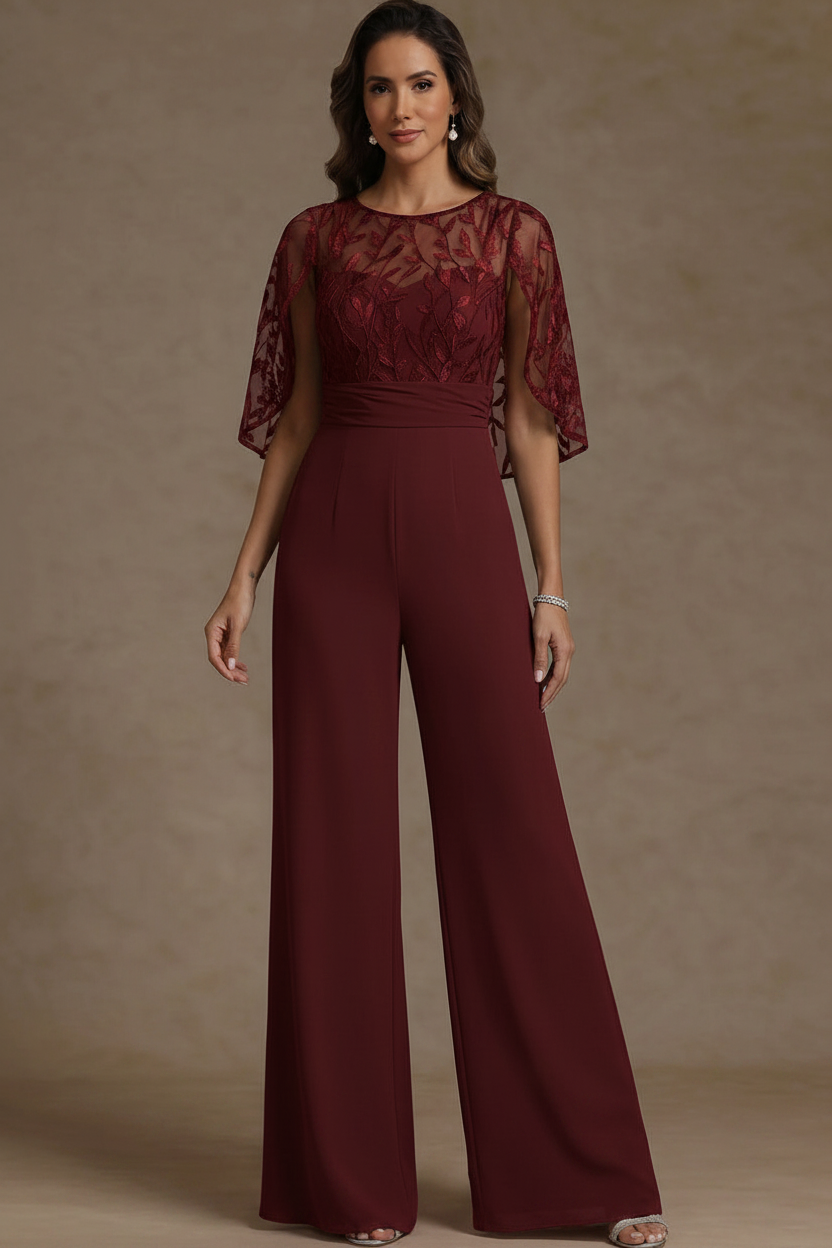 Chiffon Mother of the Bride Jumpsuits Scoop Lace Floor-Length Cape Sleeves