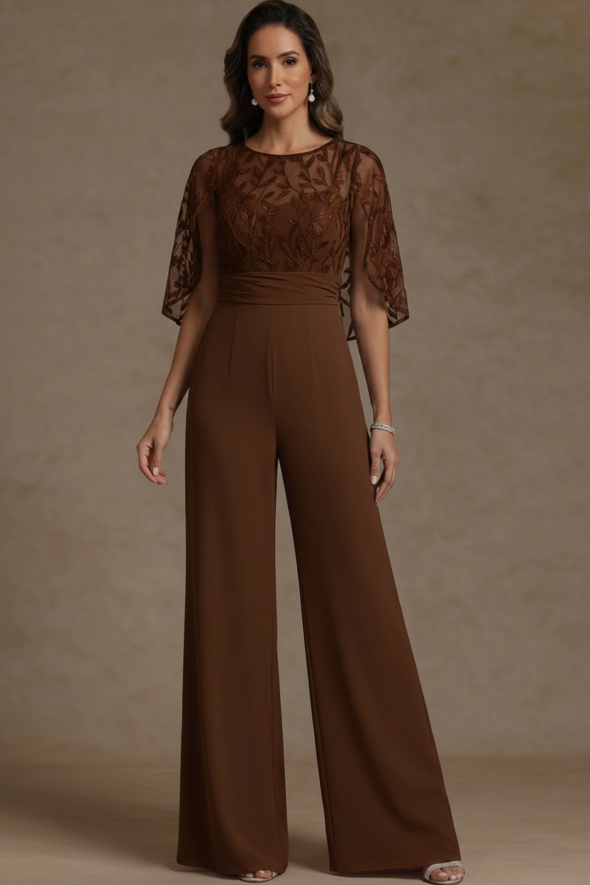 Chiffon Mother of the Bride Jumpsuits Scoop Lace Floor-Length Cape Sleeves