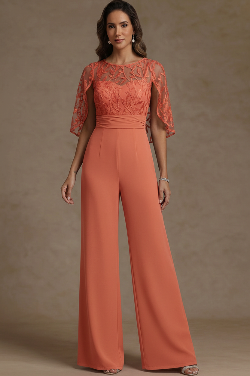 Chiffon Mother of the Bride Jumpsuits Scoop Lace Floor-Length Cape Sleeves