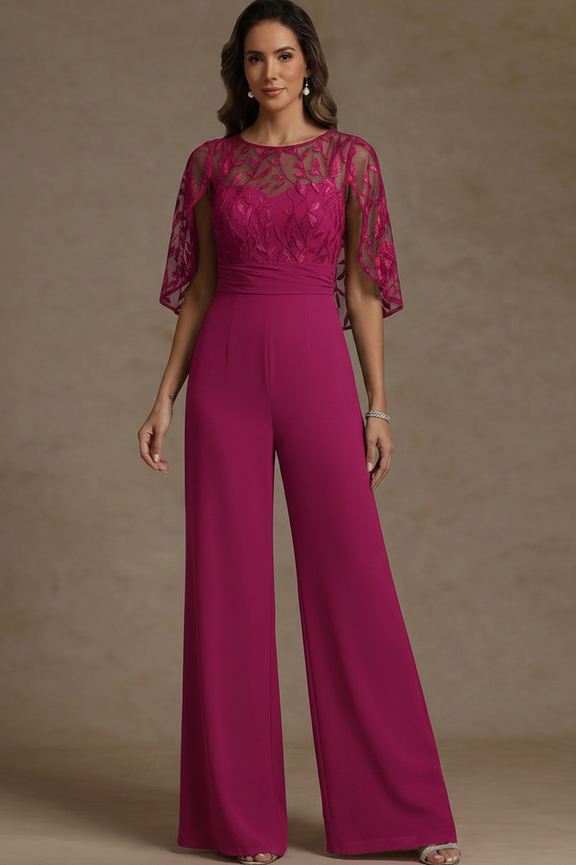 Chiffon Mother of the Bride Jumpsuits Scoop Lace Floor-Length Cape Sleeves