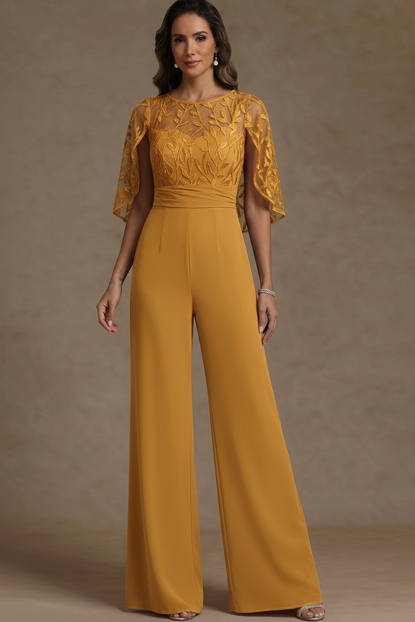 Chiffon Mother of the Bride Jumpsuits Scoop Lace Floor-Length Cape Sleeves